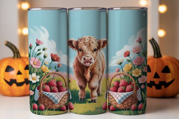 Highland Cow Strawberries Tumbler Wraps Graphics
