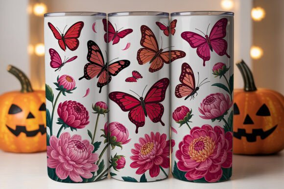 Red Butterfly Pink Flowers Tumbler Graphics & Wraps
