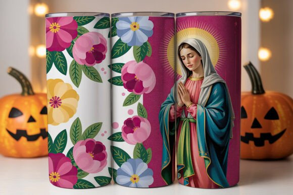 Virgin Mary Floral Glitter Tumbler Wraps Graphics